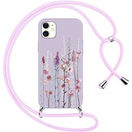 Kalanka-Coque Pour Apple Iphone 12/Apple Iphone 12 Pro Avec Cordon De Collier, Aesthetic Fleur Motif Étui Housse Réglable Lanyard Corde, Silicone Antichoc Protection Case Pour Iphone 12 6,1"", Lavande