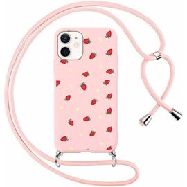 Coque Pour Apple Iphone 12/Apple Iphone 12 Pro Avec Cordon De Collier, Aesthetic Fraise Étui Housse Réglable Lanyard Corde, Souple Silicone Antichoc Protection Case Pour Iphone12 6,1"", Fraise