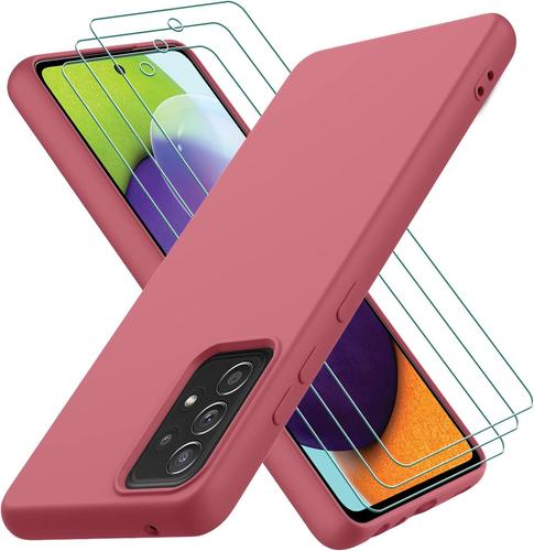 Coque Samsung Galaxy A52S 5G / A52 4G / 5G avec 3 Verre trempé Protection écran, Couche Intérieure Douce, Mince Souple Silicone Étui Protection Antichoc Bumper Housse TPU Téléphone Case Cover, Rouge