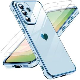 JGD-Coque pour Samsung Galaxy A56 5G avec 2 Verre Trempé Silicone Forme de Coeur d'amour, Housse Étui de Protection Antichoc Anti-Rayures Souple TPU Légère Coque Samsung A 56 5G- Bleu
