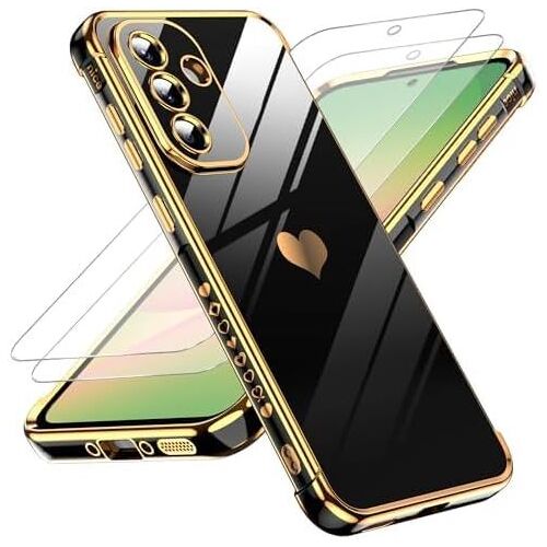 SJZG-Coque Pour Samsung Galaxy A56 5G Avec 2 Verre Trempé Silicone Forme De Coeur D'Amour, Housse Étui De Protection Antichoc Anti-Rayures Souple Tpu Légère Coque Samsung A 56 5G- Noir