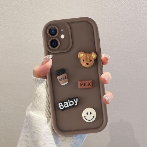 JGD-Coques pour iPhone 12 6,1'', Étui Brun Souple TPU Silicone Aesthetic Ours en Peluche Modèle 3D Dessin Durable Housse de Antichoc Camera Protection Cover Cadeau Filles, 01