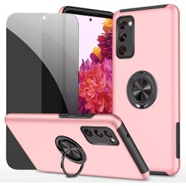 CAUC-Privacy Coque pour Samsung Galaxy S20 FE Housse Etui avec Anti-Espion Verre trempé avec Support de Bague résistant aux Chocs résistant aux Rayures PC Silicone Heavy Duty- Rose