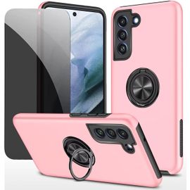 Coque Samsung Galaxy S21 Fe - Verre Trempé Confidentialité 9h Anti-Espion + Anneau Support 360° Magnétique, Dos Pc Renforcé Avec Silicone, Bords Surélevés - Rose