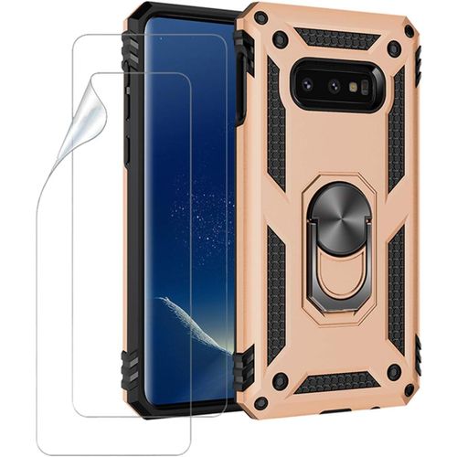 Coque Antichoc Silicone Tpu Pour Samsung Galaxy S10e + 2 Films Écran - Anneau Rotatif 360° Compatible Support Magnétique Voiture - Or