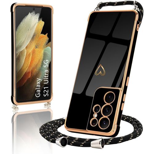 Coque Compatible Avec Samsung Galaxy S21 Ultra 5g Silicone Avec Collier Motif Coeur D'amour Mignon Etui Housse Avec Cordon Tour De Cou Lanière En Corde Pour Samsung Galaxy S21 Ultra 5g,Noir