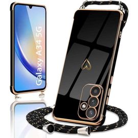 TRAHOO-Coque pour Samsung Galaxy A34 5G Silicone avec Collier avec Motif Coeur d'amour Mignon Etui Housse avec Cordon Tour de Cou Lanière en Corde pour Samsung Galaxy A34 5G(Noir)