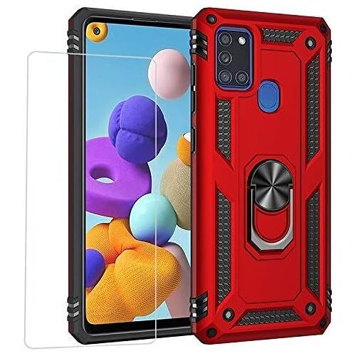LORANKA-kompatibel Coque Samsung A21S,Etui + Film de Verre trempé magnétique Support Armure Robuste Antichoc Silicone TPU 360 degré Cas de téléphone de Voiture Bumper-Rouge