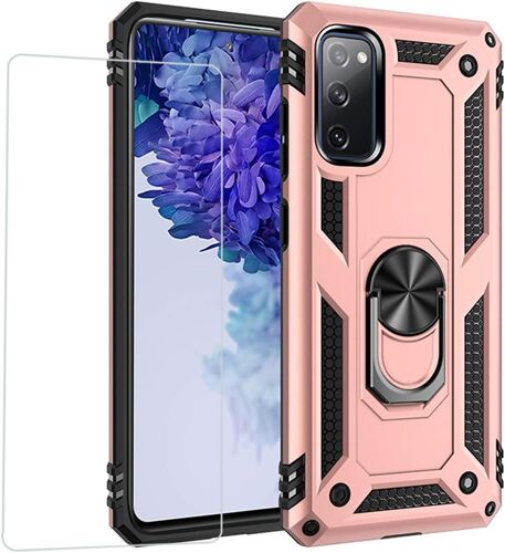 Joytag Coque Samsung Galaxy S20 FE,Etui + Film de Verre trempé magnétique Support Armure Robuste Antichoc Silicone TPU 360 degré Cas de téléphone de Voiture Bumper-Or Rose