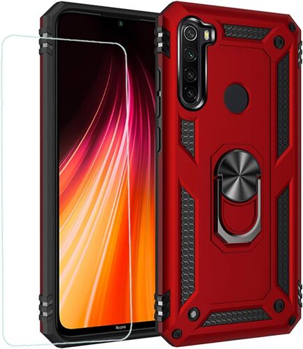 JGD-kompatibel Coque Xiaomi Redmi Note 8T,Etui + Film de Verre trempé magnétique Support Armure Robuste Antichoc Silicone TPU 360 degré Cas de téléphone de Voiture Bumper-Rouge