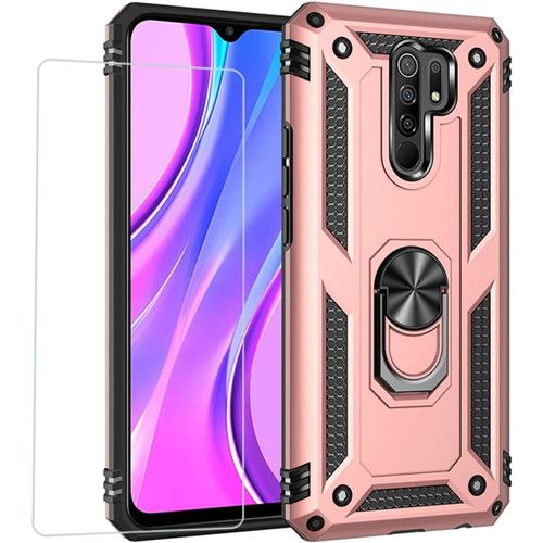 Joytag Kompatibel Case For Xiaomi Redmi 9,Case + Tempered Glass Screen Protector Magnetic Stand Armor Rugged Shockproof Silicone Tpu 360 Degree Car Phone Case-Rose Gold