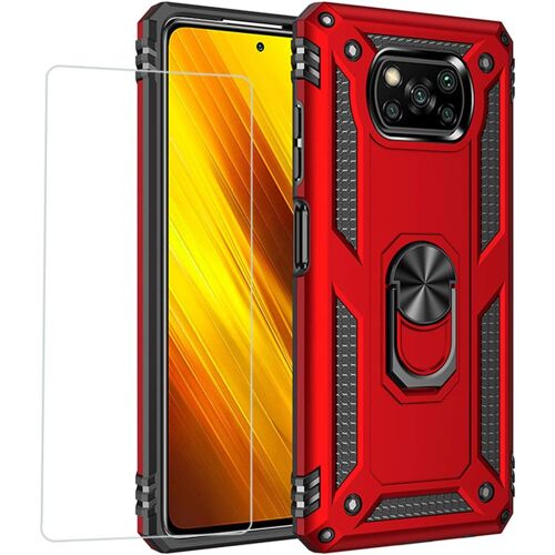KAL-Kompatibel Coque Xiaomi Poco X3 Nfc,Etui + Film De Verre Trempé Magnétique Support Armure Robuste Antichoc Silicone Tpu 360 Degré Cas De Téléphone De Voiture Bumper-Rouge