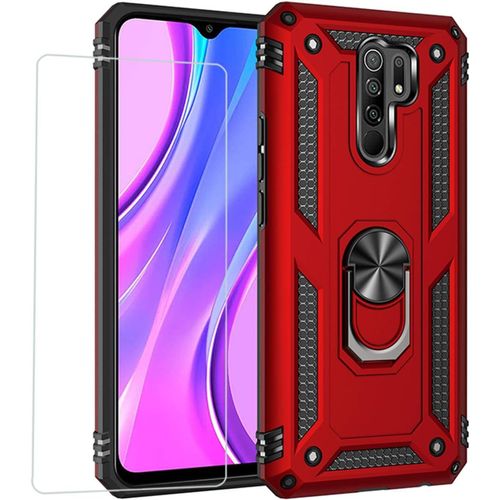 Joytag Kompatibel Case For Xiaomi Redmi 9,Case + Tempered Glass Screen Protector Magnetic Stand Armor Rugged Shockproof Silicone Tpu 360 Degree Car Phone Case-Red