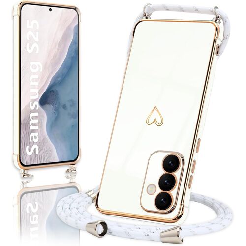 Coque pour Samsung Galaxy S25 5G Silicone avec Collier avec Motif Coeur d'amour Mignon Etui Housse avec Cordon Tour de Cou Lani¿¿re en Corde pour Samsung Galaxy S25 5G(Blanc)