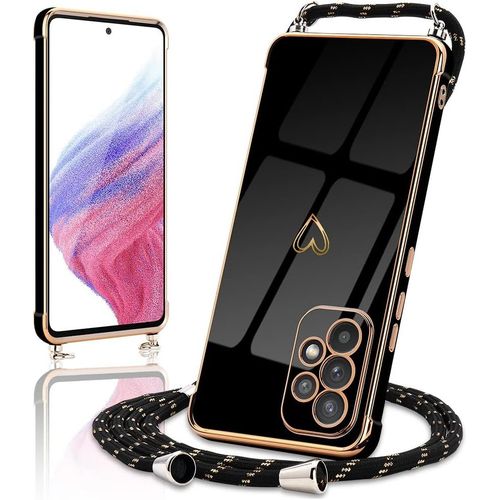 TRAHOO-Coque Compatible avec Samsung Galaxy A53 5G Silicone avec Collier avec Motif Coeur d'amour Mignon Etui Housse avec Cordon Tour de Cou Lanière en Corde pour Samsung Galaxy A53 5G(Noir)