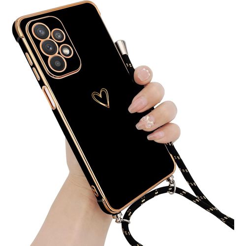 Coque Pour Samsung Galaxy A13 4g Silicone Avec Collier Avec Motif Coeur D'amour Mignon Etui Housse Avec Cordon Tour De Cou Lanière En Corde Pour Samsung Galaxy A13 4g(Noir)