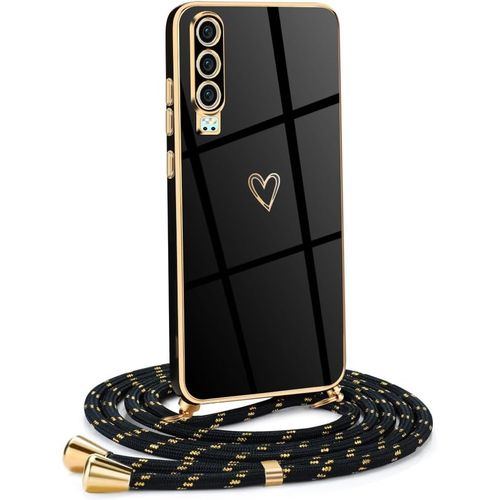 Store-Coque Pour Huawei P30 Avec Cordon De Collier,Coque Avec Cordon Motif Coeur D'amour Tpu Housse,Collier Réglabletéléphone Portable Lanyard Case Huawei P30,Or Noir