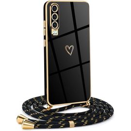 Store-Coque Pour Huawei P30 Avec Cordon De Collier,Coque Avec Cordon Motif Coeur D'amour Tpu Housse,Collier Réglabletéléphone Portable Lanyard Case Huawei P30,Or Noir
