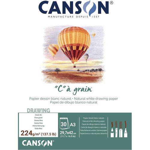 Subzonal-Canson 'c' À Grain - Bloc 30 Feuilles De Papier Dessin A3 - 224g/M² - Blanc Naturel