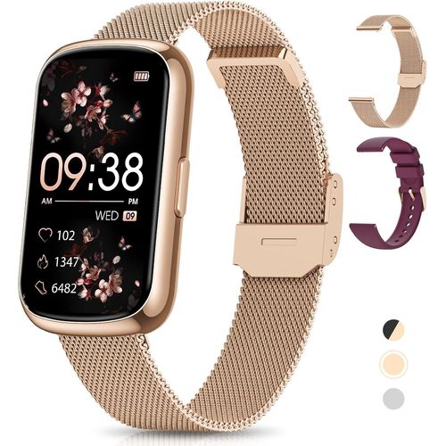 KALANKA-Montre Connectée Femme, 1.47"" Bracelet Connectée, 24 Sports, 24H Fréquence Cardiaque, SpO2 Sommeil Fonction Féminine IP68 Étanche Smartwatch Podometre Trackers d'Activité pour Android iOS Or