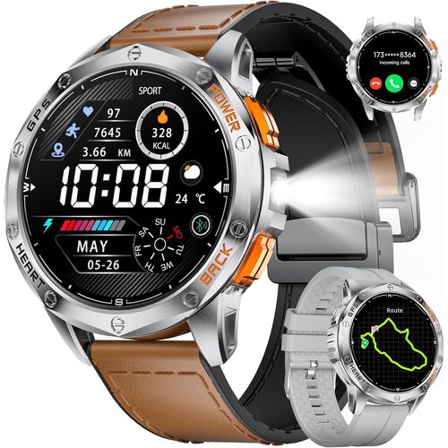 Dm1 Gps Smartwatch Herren, 1.43'' Amoled Display, Led Taschenlampe/Kompass/Herzfrequenz, 30+Tage Akku, 5atm Wasserdicht Smartwatch Schwimmen, 170+ Sportmodi Sportuhren Kompatibel Ios Android[Z1867]