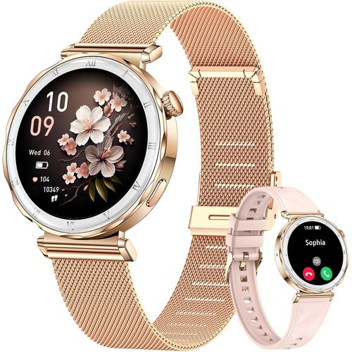 Montre Connectée Femme Appel: Bluetooth Or Rose Ronde Smart Watch - Fitness Sport Montre Avec Podometre - Etanche Ip67 Smartwatch Pour Android Ios