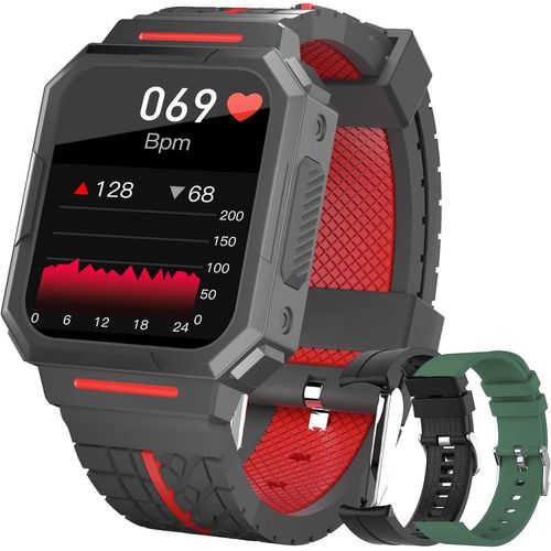 Montre Connectée Homme Femmes, Smartwatch Etanche avec Tensiomètre, Cardiofréquencemètre, Podomètre,Trackers d'activité, 22 Modes Sportifs Montre de Sport de Plein air Homme (Noir Rouge)