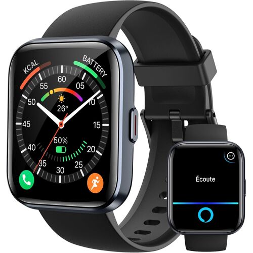 Montre Connectée Femme Homme Appel Bluetooth, 1.8¿ Smartwatch avec Alexa Intégré, Moniteur de Sommeil Cardiofréquencemètre SpO2, Etanche IP68 Montre avec 100 Sportifs pour Android iOS Cadeaux, Noir
