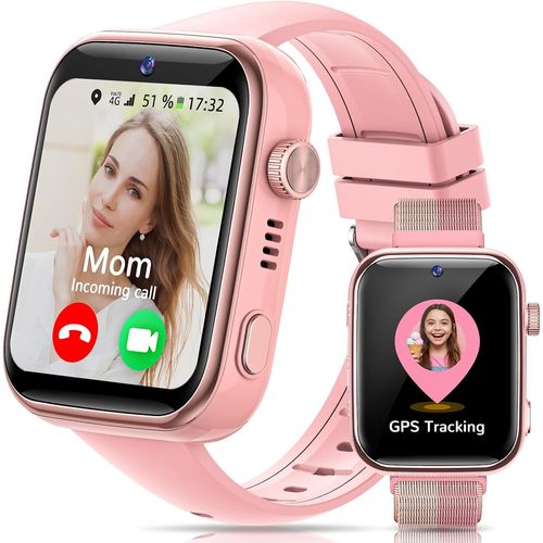 4G Montre Connectée Enfants, Montre Telephone Enfant Écran HD de 1,83 Pouces, Appels, Appels Vidéo, Chat Vocal, Whatsapp, Wi-FI, GPS, SOS, Étanche IP68, Mode École, Podomètre, Réveil (Rose)