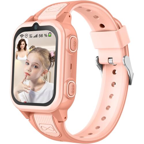 Montre Connectée Intelligente Enfant avec 4G WiFi GPS Téléphone Contrôle Parental Étanche Appels Vidéo SMS SOS Mode Cours Rejet Appels Inconnus Appareil Photo Réveil Musique pour Garçon Fille (Rose)