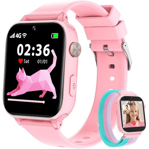 Montre Connectée Enfant 4G GPS, Smartwatch Téléphone pour Filles Garçons avec Appel Vidéo SOS Podomètre Mode Classe, Montre Cadeau pour Enfants 5-12 Ans (Rose)
