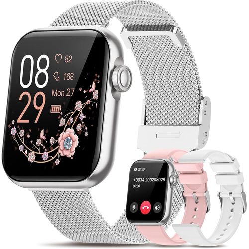 Montre Connectée Femme avec Appel, 1.83¿ Smartwatch avec 3 Bracelets, Fonction Féminine Sommeil Fréquence Cardiaque, SpO2 100+ Modes Sportifs Podometre IP68 Calories Android iOS Argent, Cadeau