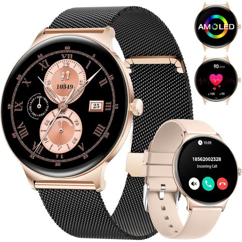 Montre Connectée Femme avec Appels Bluetooth, 1.43"" AMOLED HD Montre Sport, Calories/Santé/SpO2, IP68 Waterproof, Android iOS, Or Noir