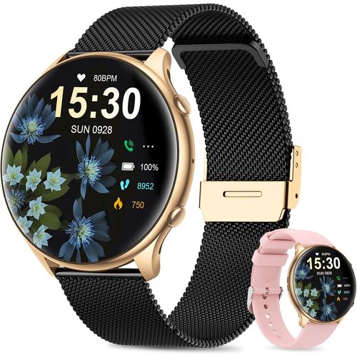 Montre Connectée Femme Ronde avec Tension Artérielle/Sommeil Moniteur/Cycle Menstruel/Fréquence Cardiaque/Podometre, 1,39"" Smartwatch avec Appel Bluetooth pour iOS Android (Noir Rose Or)