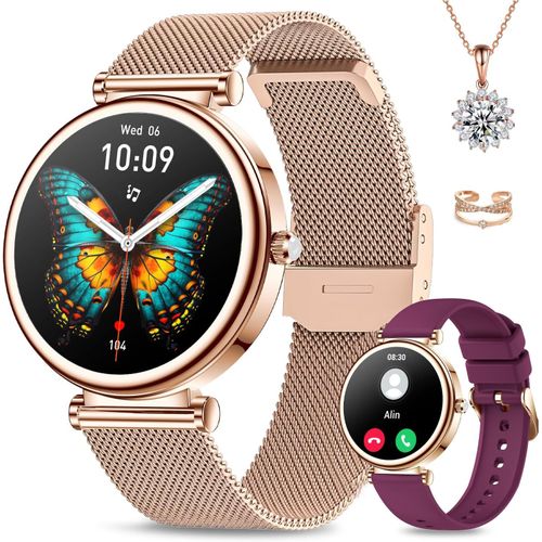 Montre Connectée Femme, 1.27'' Smartwatch Avec Appel Fonction Fréquence Cardiaque/Sommeil/Spo2, 120+ Modes Sport, Montre Connectée Ronde Podometre Ip68 Android Ios,Or Rose Cadeau Collier Bague