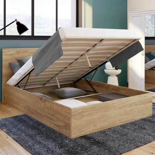 Lit Coffre Double Seaside Avec Tête De Lit Et Sommier 160 X 200 Cm Façon Hêtre