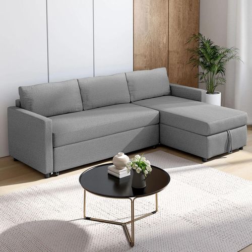 Canapé D'angle Convertible Noah Avec Méridienne Coffre En Tissu Gris Clair