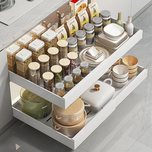 Jexnovashop-Lot De 2 Tiroirs Télescopiques Pour Armoires De Cuisine, Largeur Réglable 32 À 52 Cm, Organiseur De Placard De Cuisine Extensible Avec Fixation Adhésive Nano Film, Blancs (Paquet De 2 - B