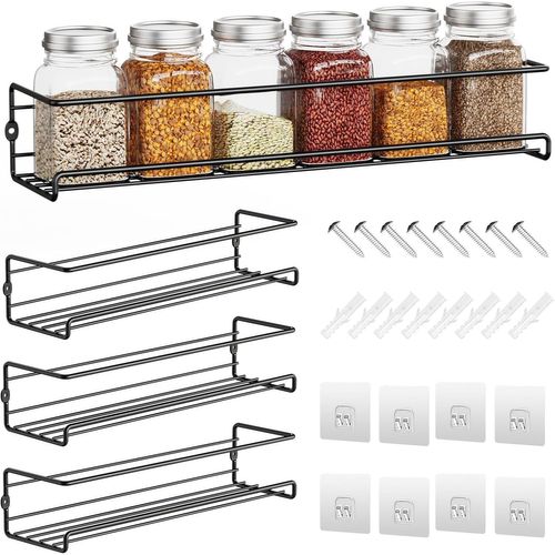 Etagere A Epices Murale Metal,4 Pcs Rangement Epices Cuisine Mural-Approximativement 29×8×6cm,L'ensemble De Etagere Epices Cuisine Mural-Noire Porte Epices Cuisine Mural