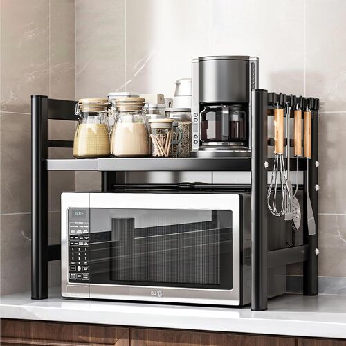 Sjzg-2 Niveaux Support De Four À Micro-Ondes Extensible,Avec 6 Crochets,Extensible De 40 À 64 Cm,Convient Aux Étagères De Cuisine, Aux Étagères De Rangement,Noir