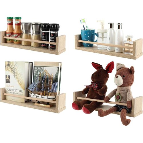 Bois Lot De 4 Étagères Murales Polyvalentes Rangement Livre Enfant Suspendu Porte Épices Mural Tablette Murale Pour Chambre À Coucher,Salon,Salle De Bain,Naturel