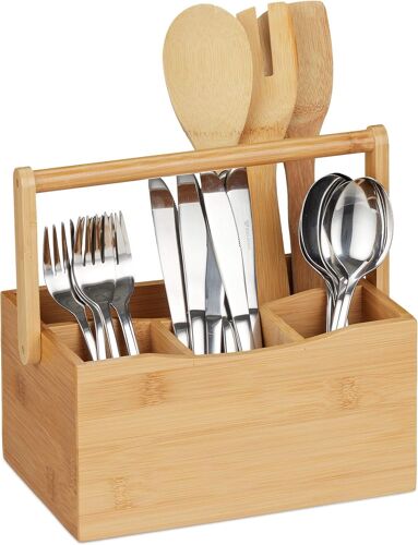 Sjzg-Porte-Ustensiles De Cuisine Bambou, 4 Compartiments, Avec Poignée, Range-Couverts, Serviettes De Table, Nature