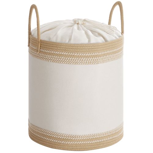 Panier à linge, Corbeille 60 L, Rangement avec couvercle, Corde en coton, Poignée, Cordon de serrage, 41 x 41 x 46 cm, Marron Camel