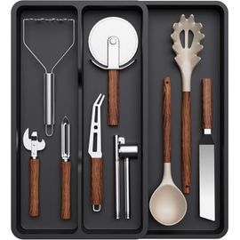 ZHUIYIWIN Range Couverts Extensible Pour Tiroir Cuisine Avec 2 Blocs De Couteaux Amovibles Et 9 Compartiments, Organisateur Réglable, Gris