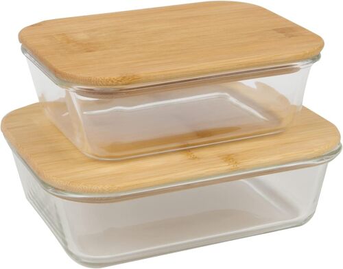 Ustensiles De Cuisine - Lot De 2 Boîtes En Verre - Boîtes Alimentaire Hermétiques - Couvercle En Bambou - Réutilisables, Brun,Transarent