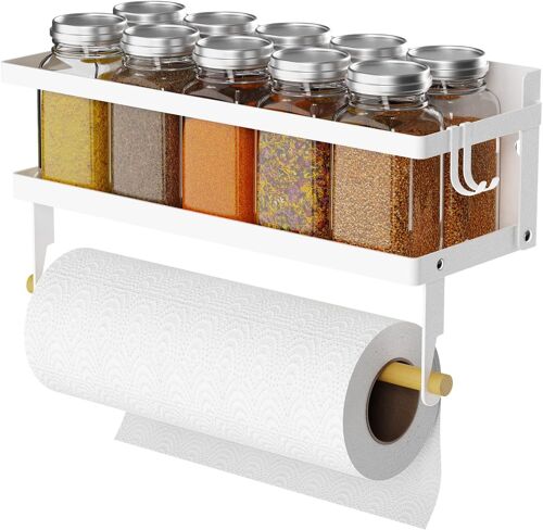 Cmwx-Étagère À Épices Magnétique Avec Rouleau De Porte-Serviettes En Papier Et Crochet, Pliable, Porte-Épices Magnétique, Organisateur D'épices, Support De Rangement Pour Cuisine, Blanc