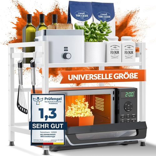 Chenquansarl-Tagère Micro-Ondes Étagère De Cuisine En Acier (2 Niveaux) | Meuble Micro-Ondes Support Four | Rangement Cuisine Ajustable En Hauteur & Longueur + Vidéo De Montage, Crochets ¿ Blanc