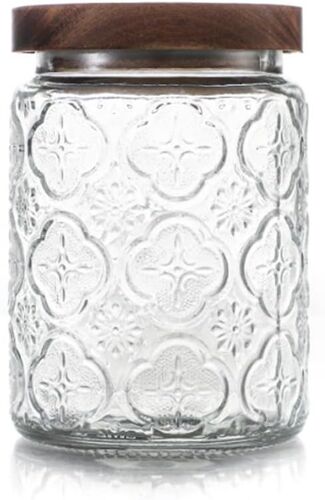 Sjzg-Bocal De Rangement Vintage En Verre Transparent De 700 Ml Avec Couvercle En Bois D'acacia Pour Cuisine, Garde-Manger, Nourriture, Café, Bonbons (Fleurs De Bégonia)