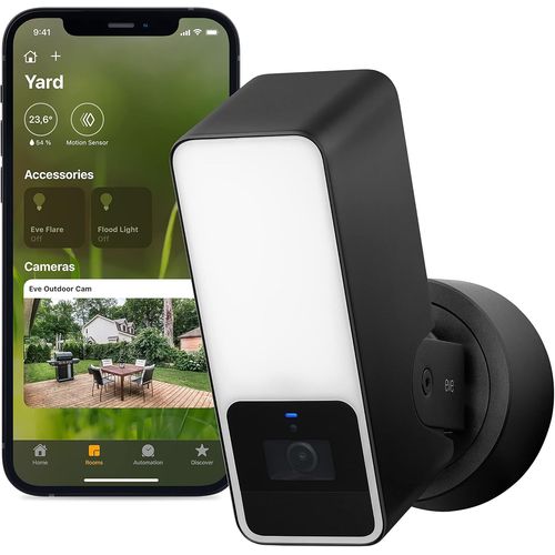SUBZONAL-Eve Outdoor Cam ¿ caméra projecteur sécurisée, sécurité et confidentialité maximales (HomeKit Secure Video), 1080p, vision nocturne, Wi-Fi (2,4 GHz), détecteur de mouvement