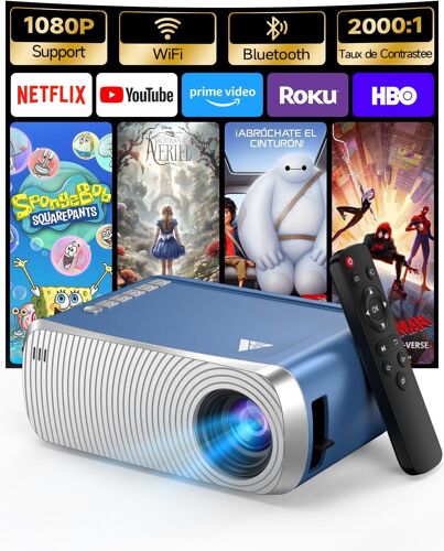 VornixorSarlshop-Mini Projecteur Video 4K 1080P Supporte, Videoprojecteur Portable avec WiFi et Bluetooth 5.4, Retroprojecteur de Cinéma D'extérieur, Projecteurs Vidéo avec Haut-Parleur pour Téléphon